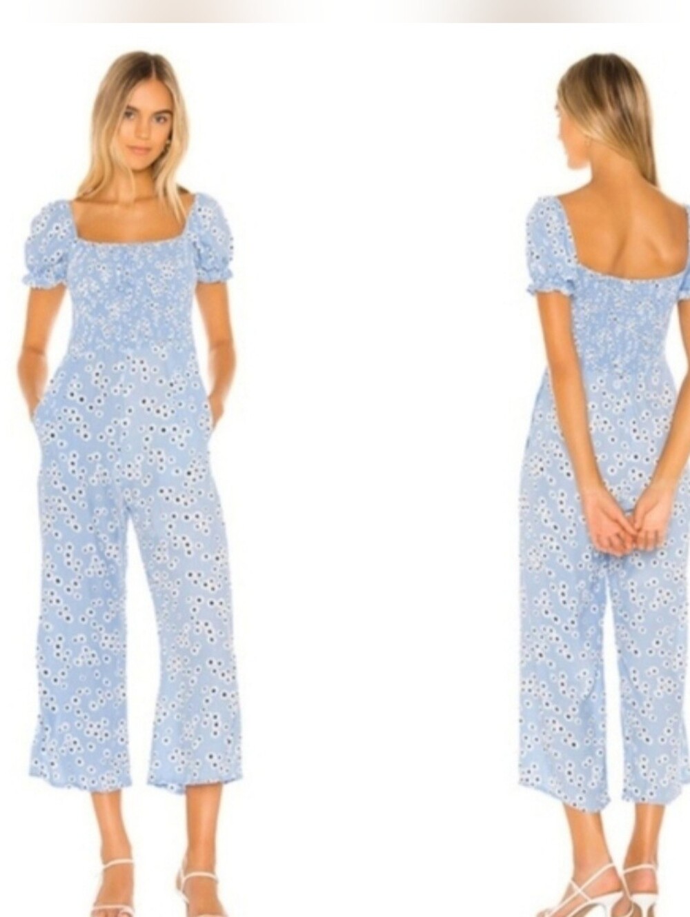 Faithfull The Brand Sky Blue Floral Cropped Jumpsuit Size 8 Pockets
